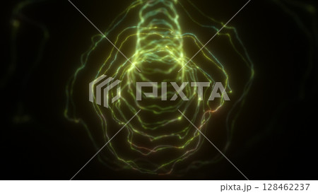 Abstract yellow-green digital waves swirling into a tunnel shape, suggesting data flow, light transmission, or energy fields Abstract yellow-green digital waves swirling into a tunnel shape, suggesting data flow, light transmission, or energy fields 128462237