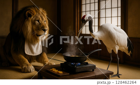 まさかのおもてなし!?鶴にオン返しされたライオンが食事に“専念”した瞬間 128462264