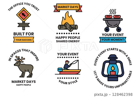 Set of illustrations in the concept of outdoor activities in line drawing style Set of illustrations in the concept of outdoor activities in line drawing style 128462398