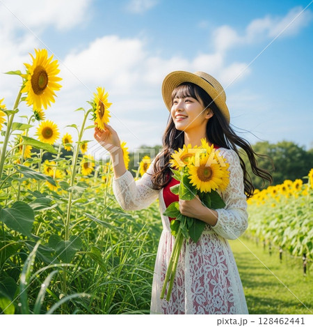 青空の下、ひまわり畑で花に触れ微笑む若い女性　ワンピース 花束 麦わら帽子 夏の情景 128462441