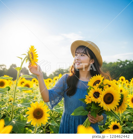 青空の下、ひまわり畑で花に触れ微笑む若い女性　ワンピース 花束 麦わら帽子 夏の情景 128462442