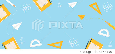 Back to School Flat Banner with Study Supplies and Doodles. Back to School Flat Banner with Study Supplies and Doodles. 128462450