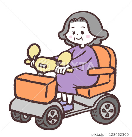 電動シニアカーに乗るシニア女性のイラスト 128462500