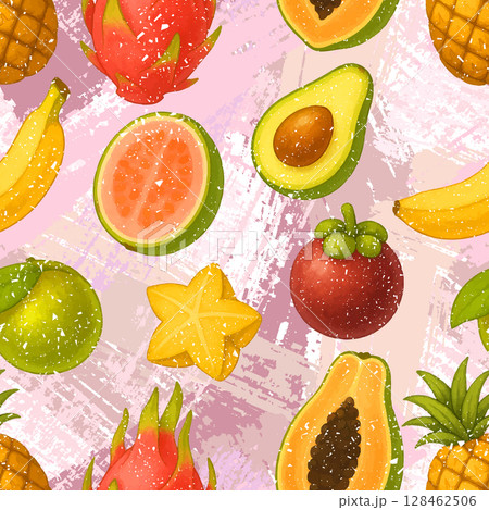 Seamless vector pattern with tropical fruits like avocado, banana, pineapple, papaya, guava, dragonfruit, and mangosteen. Hand-drawn colorful design perfect for summer projects, textiles, wrapping Seamless vector pattern with tropical fruits like avocado, banana, pineapple, papaya, guava, dragonfruit, and mangosteen. Hand-drawn colorful design perfect for summer projects, textiles, wrapping 128462506