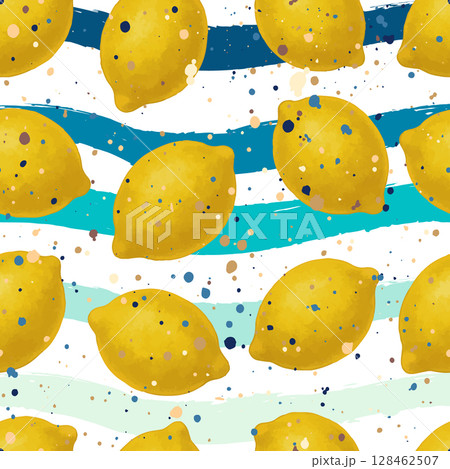 Seamless vector pattern with hand-painted lemons on abstract blue striped background. Fresh and vibrant citrus fruit design perfect for summer, textiles, packaging Seamless vector pattern with hand-painted lemons on abstract blue striped background. Fresh and vibrant citrus fruit design perfect for summer, textiles, packaging 128462507