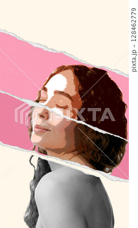 Collage portrait of young woman with curly hair and peaceful expression on torn pastel background Collage portrait of young woman with curly hair and peaceful expression on torn pastel background 128462779