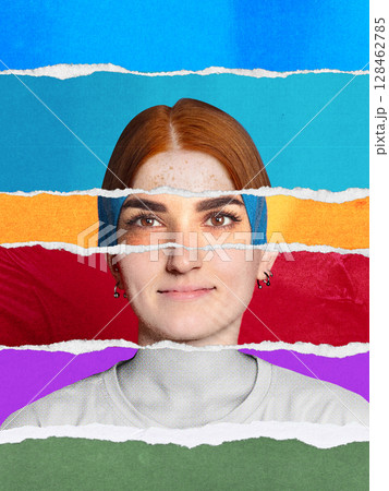 Collage portrait of young woman with red hair and confident gaze layered with colorful textures Collage portrait of young woman with red hair and confident gaze layered with colorful textures 128462785