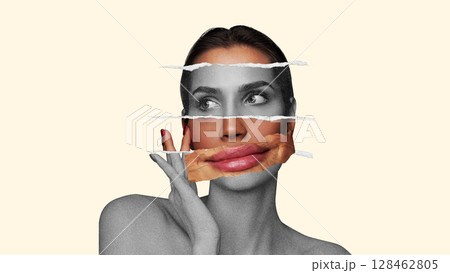 Woman collage face with torn paper smile and curious expressive look 128462805