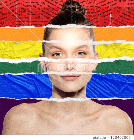 Colorful collage portrait of young woman layered with rainbow textures and confident expression Colorful collage portrait of young woman layered with rainbow textures and confident expression 128462806