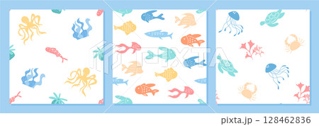Seamless underwater pattern set with aquatic creatures in cartoon graphic style. Marine texture featuring fish, coral, and plants under the ocean. Perfect for sea backgrounds and decor. 128462836
