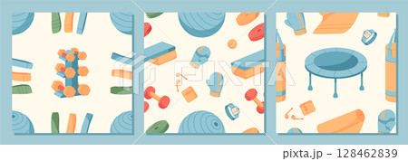 Flat seamless pattern of sport equipment set. Set of gym tools, fitness gear, and workout accessories for exercise and training. Vibrant athlete background, dynamic versatile design for active Flat seamless pattern of sport equipment set. Set of gym tools, fitness gear, and workout accessories for exercise and training. Vibrant athlete background, dynamic versatile design for active 128462839