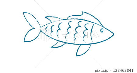Aquatic fish silhouette doodle. Cartoon aquatic creature swim in ocean. Underwater life, flat texture, suitable for posters or flyers. Chalk and crayon style 128462841