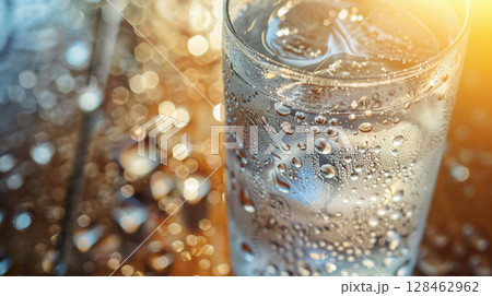 結露したグラスと光に包まれた冷たい水の清涼感ある一枚 128462962