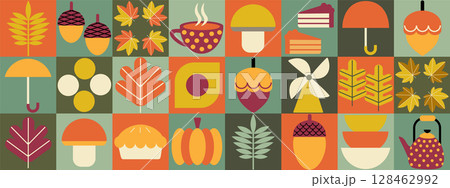 Autumn geometric mosaic background bauhaus pattern. Modern figure, shape and autumn elements. Scandinavian. Minimalistic elements for design, contemporary natural organic harvest. Autumn geometric mosaic background bauhaus pattern. Modern figure, shape and autumn elements. Scandinavian. Minimalistic elements for design, contemporary natural organic harvest. 128462992