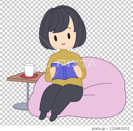 クッションに座って本を読む女性 128463032