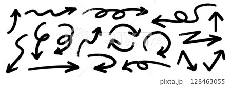 手描き風矢印セット – シンプルな黒のベクターアイコン素材（フリーハンド線画） 128463055