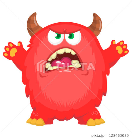 Cartoon cute monster with funny excited face expression waving hands . Vector illustration isolated on white. Halloween design Cartoon cute monster with funny excited face expression waving hands . Vector illustration isolated on white. Halloween design 128463089
