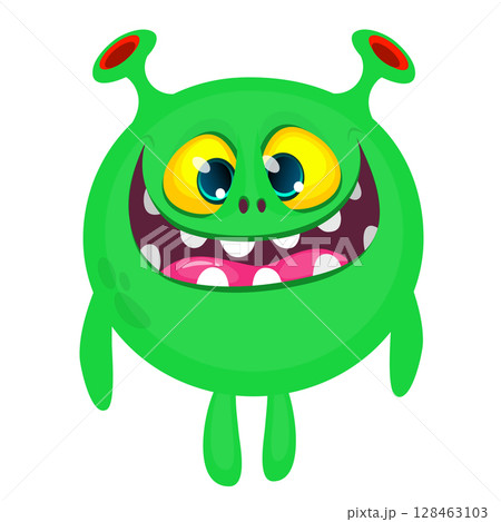 Cartoon cute monster with funny excited face expression waving hands . Vector illustration isolated on white. Halloween design Cartoon cute monster with funny excited face expression waving hands . Vector illustration isolated on white. Halloween design 128463103