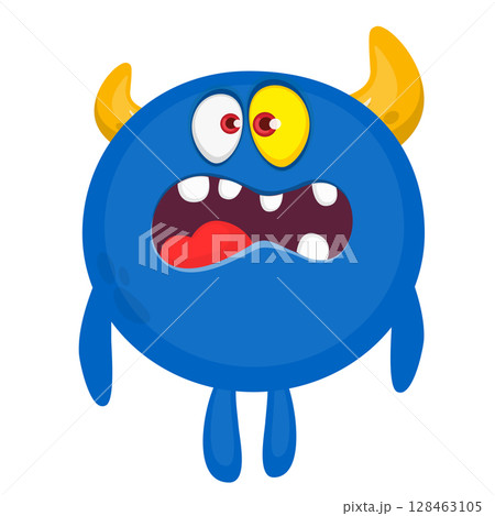 Cartoon cute monster with funny excited face expression waving hands . Vector illustration isolated on white. Halloween design 128463105