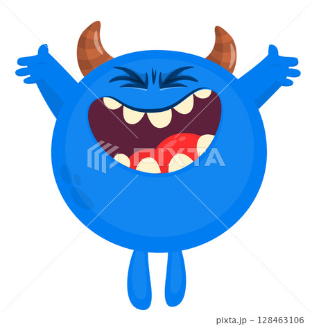 Cartoon cute monster with funny excited face expression waving hands . Vector illustration isolated on white. Halloween design 128463106