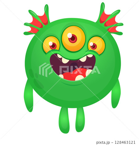 Cartoon cute monster with funny excited face expression waving hands . Vector illustration isolated on white. Halloween design 128463121