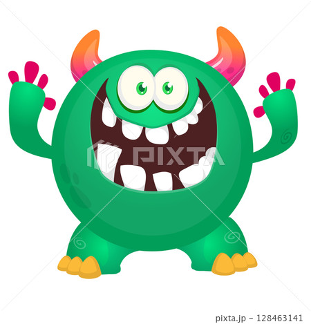 Cartoon cute monster with funny excited face expression waving hands . Vector illustration isolated on white. Halloween design Cartoon cute monster with funny excited face expression waving hands . Vector illustration isolated on white. Halloween design 128463141
