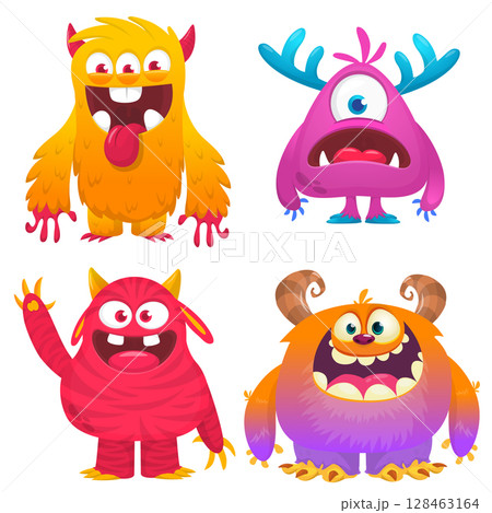 Funny cartoon monsters with different face expressions. Set of cartoon vector happy monsters characters. Halloween design for party decoration,  package design 128463164
