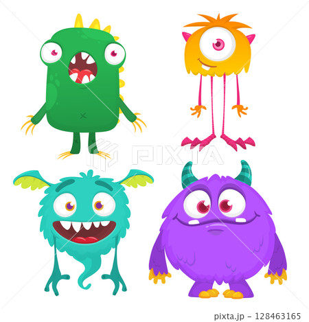Funny cartoon monsters with different face expressions. Set of cartoon vector happy monsters characters. Halloween design for party decoration, package design Funny cartoon monsters with different face expressions. Set of cartoon vector happy monsters characters. Halloween design for party decoration, package design 128463165