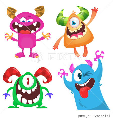 Funny cartoon monsters with different face expressions. Set of cartoon vector happy monsters characters. Halloween design for party decoration,  package design 128463171