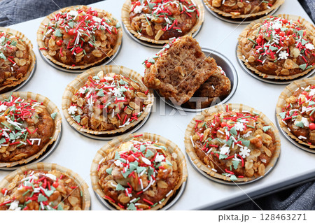 banana bread oat muffins with christmas sprinkles banana bread oat muffins with christmas sprinkles 128463271