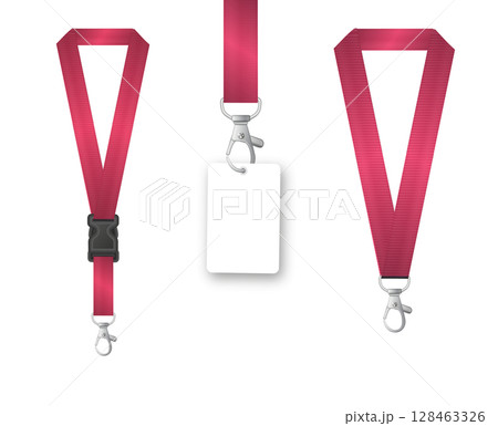 Badges Lanyard design. Identification card with ribbon. Metal closure and card with plastic. Accreditation for events congresses and companies. Vector 128463326