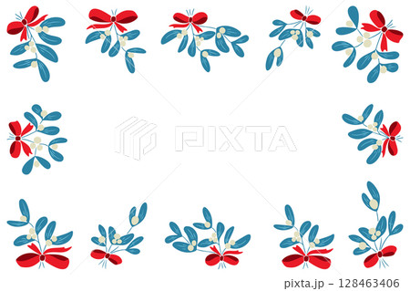 Mistletoe frame border with red bows and green leaves hand drawn in colorful style on white background. Concept of winter holiday decoration and festive greeting design 128463406