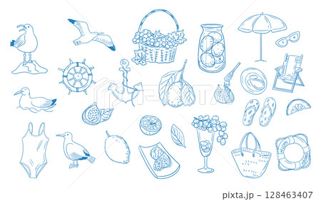 Summer coastal doodle set with beach, fruit, birds and nautical elements hand drawn in blue outline on white background. Concept of vacation, seaside lifestyle and tropical relaxation 128463407