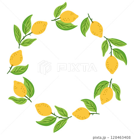Lemon wreath hand drawn in colorful style with green leaves and yellow fruits on white background. Concept of summer freshness, citrus theme and natural decoration 128463408