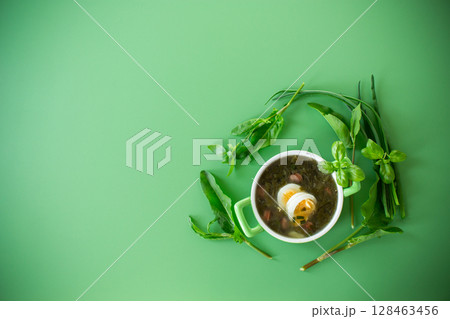 Appetizing spring sorrel borscht isolated on a green background 128463456