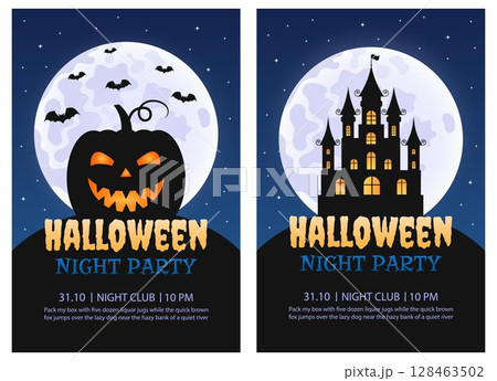 Set of Halloween Night Party Invitation Templates. Vector Illustration. Pumpkin, Haunted House, Full Moon. 128463502