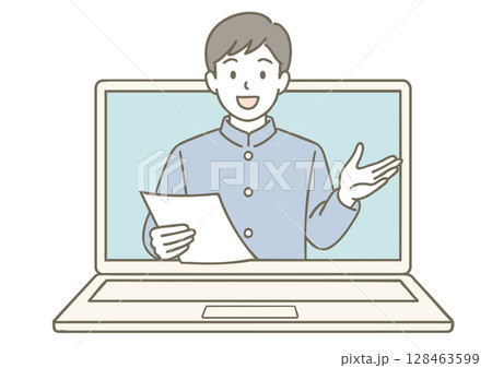 学ラン姿の男子高校生がオンライン授業に参加するイラスト 128463599