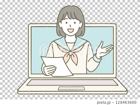 一名身穿水手服的女高中生參加線上課程的插圖 128463600