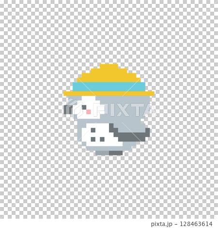 Pixel art of a profile of a grey owl with a straw hat 128463614