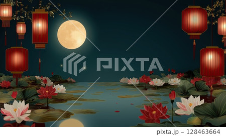 Traditional red lanterns and blooming lotus flowers on a calm lake under a full moon at night. The image symbolizes celebration, harmony and cultural beauty. Traditional red lanterns and blooming lotus flowers on a calm lake under a full moon at night. The image symbolizes celebration, harmony and cultural beauty. 128463664