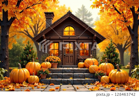 Wooden eco house with pumpkins and yellow maple leaves on autumn background. Real estate, dacha, summer house, mortgage, insurance, booking, construction, insulation. AI generated Wooden eco house with pumpkins and yellow maple leaves on autumn background. Real estate, dacha, summer house, mortgage, insurance, booking, construction, insulation. AI generated 128463742
