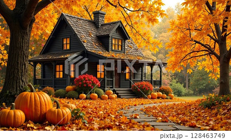 Wooden eco house with pumpkins and yellow maple leaves on autumn background. Real estate, dacha, summer house, mortgage, insurance, booking, construction, insulation. AI generated Wooden eco house with pumpkins and yellow maple leaves on autumn background. Real estate, dacha, summer house, mortgage, insurance, booking, construction, insulation. AI generated 128463749