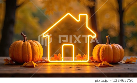 Golden neon glowing logo Tiny house with pumpkins and yellow maple leaves on autumn background. Real estate, dacha, summer house, mortgage, insurance, booking, construction, insulation. AI generated Golden neon glowing logo Tiny house with pumpkins and yellow maple leaves on autumn background. Real estate, dacha, summer house, mortgage, insurance, booking, construction, insulation. AI generated 128463750