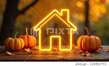 Golden neon glowing logo Tiny house with pumpkins and yellow maple leaves on autumn background. Real estate, dacha, summer house, mortgage, insurance, booking, construction, insulation. AI generated 128463753