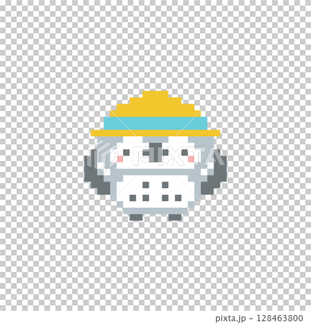 Pixel art of a grey owl cheering with a straw hat 128463800