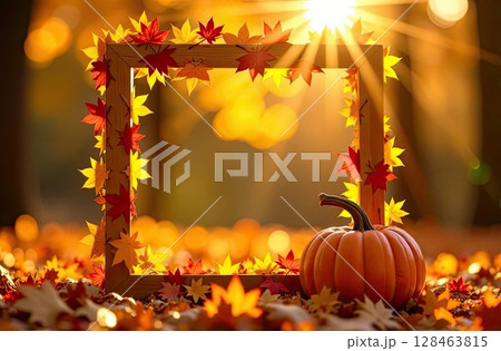 Frame is adorned with yellow maple leaves on Autumn background with pumpkins in the rays of the sun. Harvest banner and Halloween, flyer with copy space. AI generated 128463815