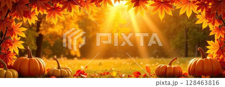 Frame is adorned with yellow maple leaves on Autumn background with pumpkins in the rays of the sun. Harvest banner and Halloween, flyer with copy space. AI generated 128463816