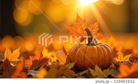Autumn background with golden leaves and pumpkins in the rays of the sun. Harvest banner and Halloween, flyer with copy space. AI generated 128463832