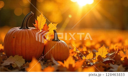 Autumn background with golden leaves and pumpkins in the rays of the sun. Harvest banner and Halloween, flyer with copy space. AI generated 128463833