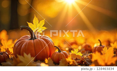 Autumn background with golden leaves and pumpkins in the rays of the sun. Harvest banner and Halloween, flyer with copy space. AI generated 128463834